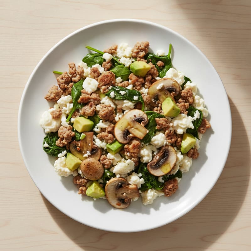 Egg White and Turkey Spinach Scramble with Sautéed Mushrooms