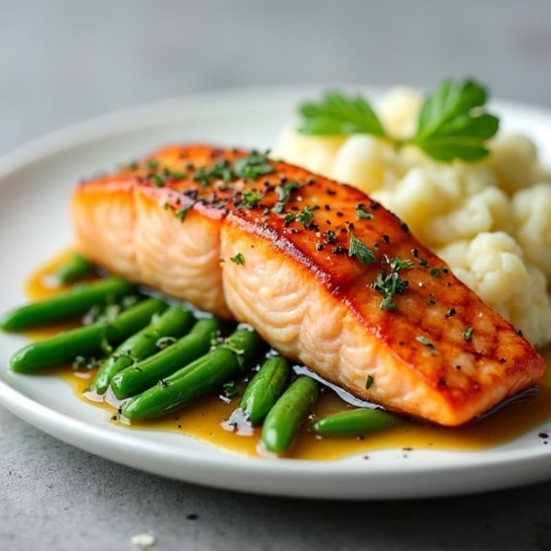 Seared Salmon Fillet with Garlic Green Beans and Cauliflower Mash