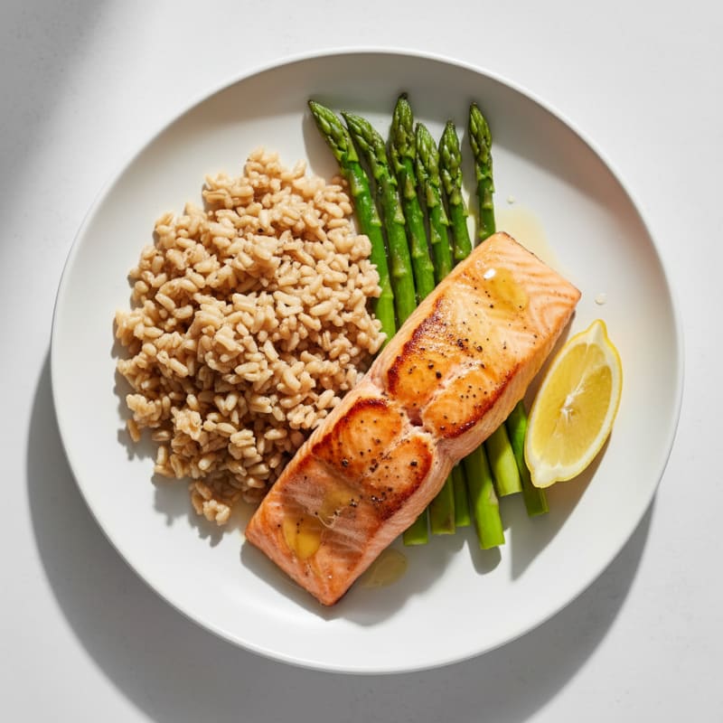 Seared Salmon with Steamed Asparagus and Brown Rice