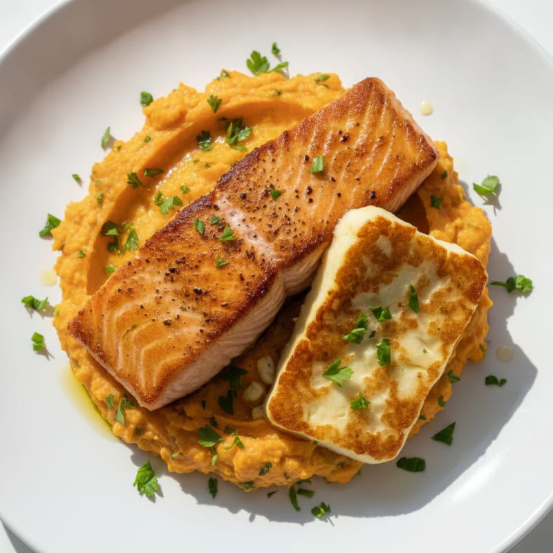 Seared Salmon with Herb-Seasoned Sweet Potato Mash