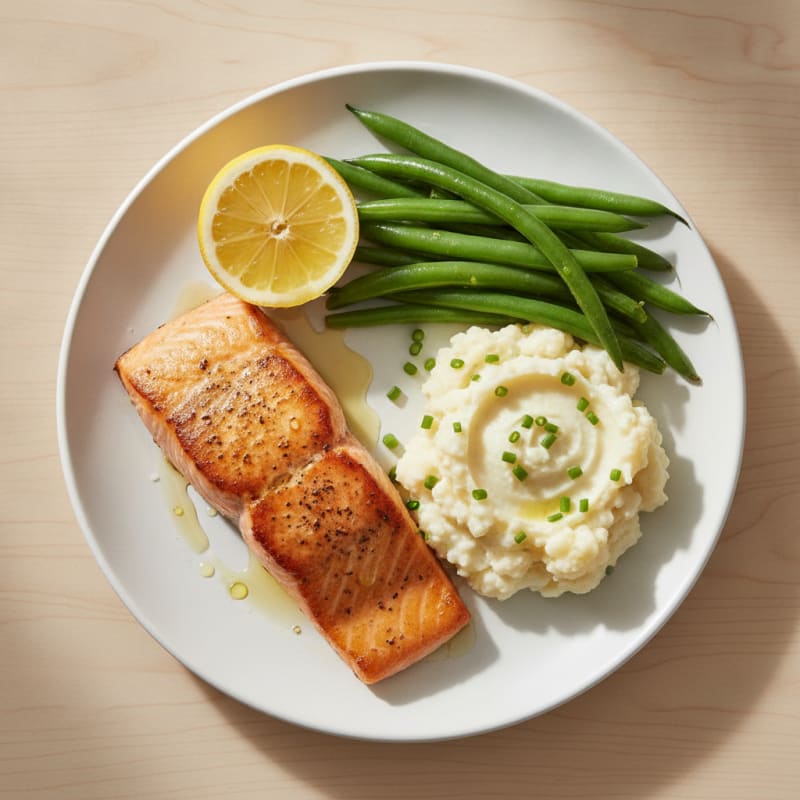 Seared Salmon with Steamed Green Beans and Garlic Mashed Cauliflower