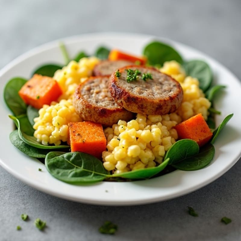Egg White and Chicken Sausage Scramble with Roasted Sweet Potato and Spinach