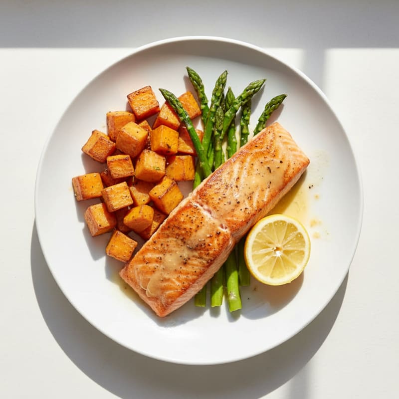 Seared Salmon Fillet with Roasted Sweet Potato and Asparagus
