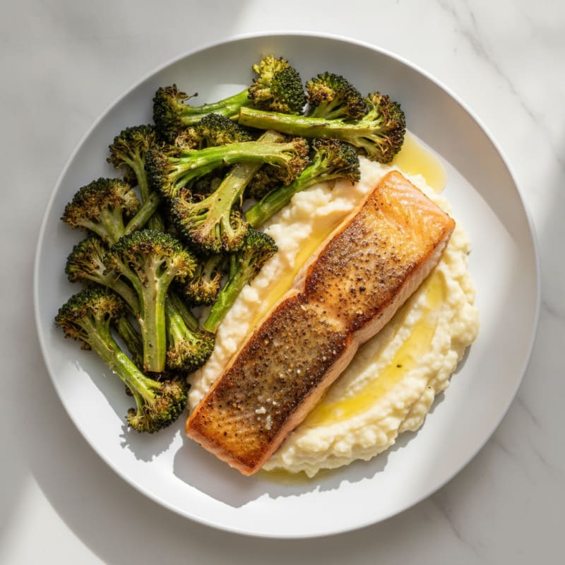 Seared Salmon with Roasted Broccoli and Garlic Mash