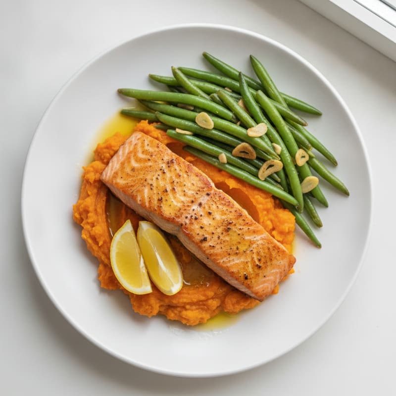 Seared Salmon with Garlic Green Beans and Sweet Potato Mash
