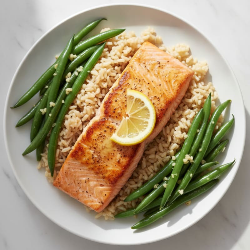 Seared Salmon with Garlic Green Beans and Brown Rice