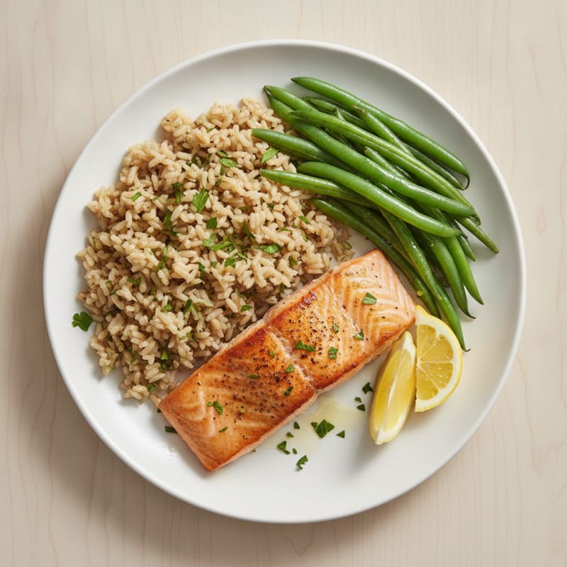Seared Salmon with Steamed Green Beans and Herb Rice