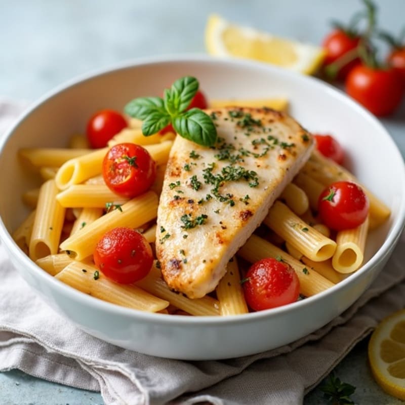Lemon Herb Chicken Pasta with Roasted Cherry Tomatoes and Whole Wheat Penne
