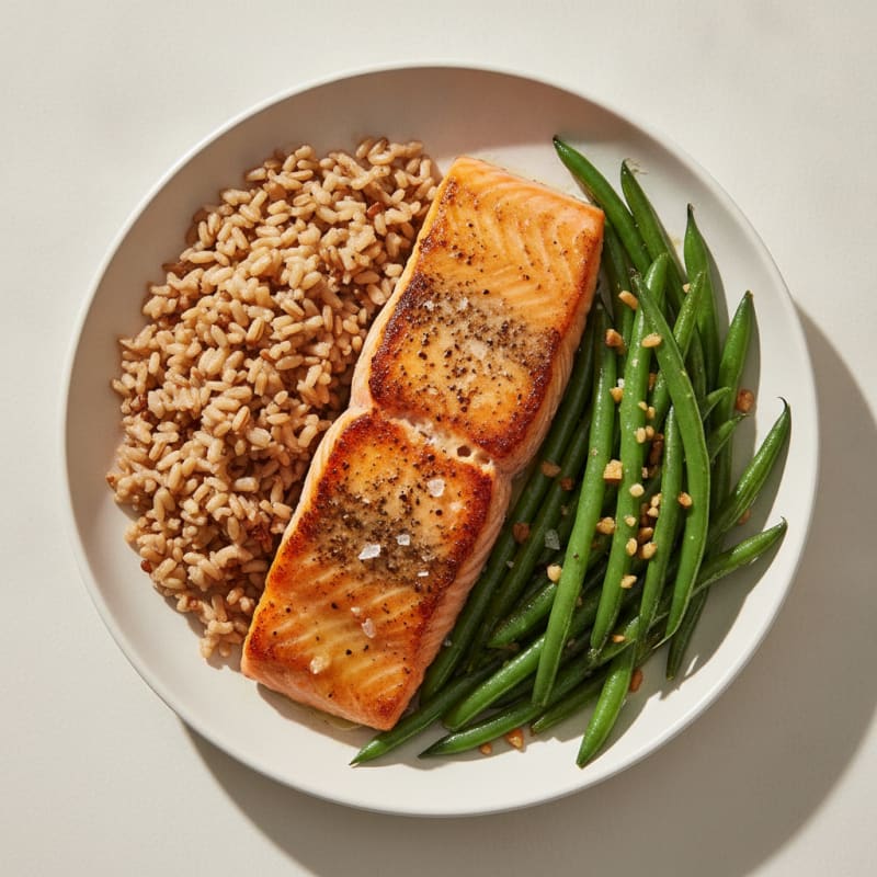 Seared Salmon with Garlic Green Beans and Brown Rice