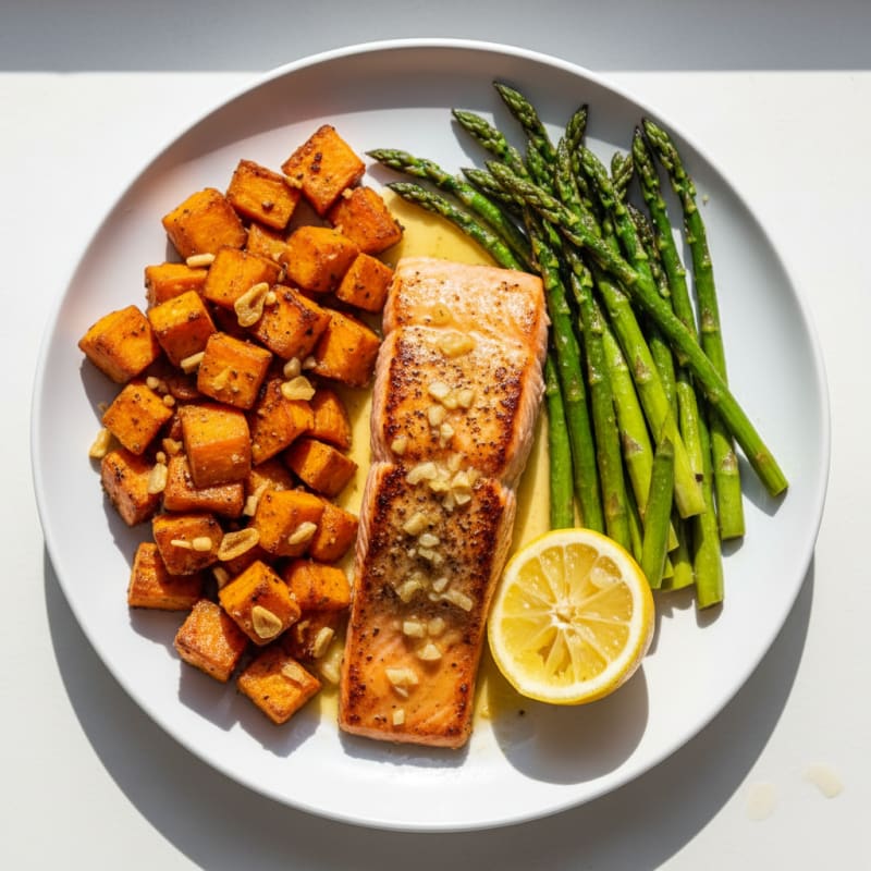 Seared Salmon with Roasted Sweet Potatoes and Asparagus