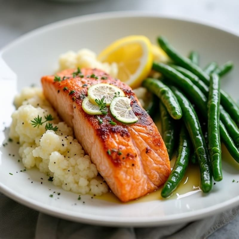 Seared Salmon with Garlic Green Beans and Mashed Cauliflower