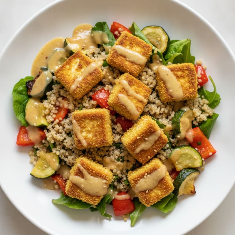 Crispy Tofu and Quinoa Power Salad with Roasted Vegetables