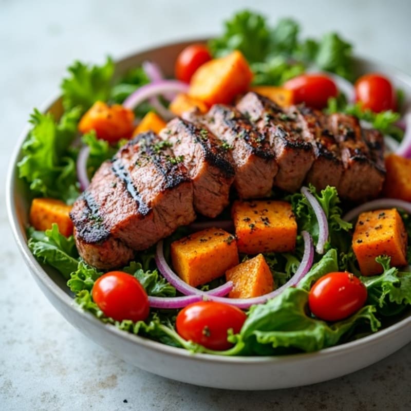 Seared Steak Salad with Roasted Sweet Potatoes and Mixed Greens