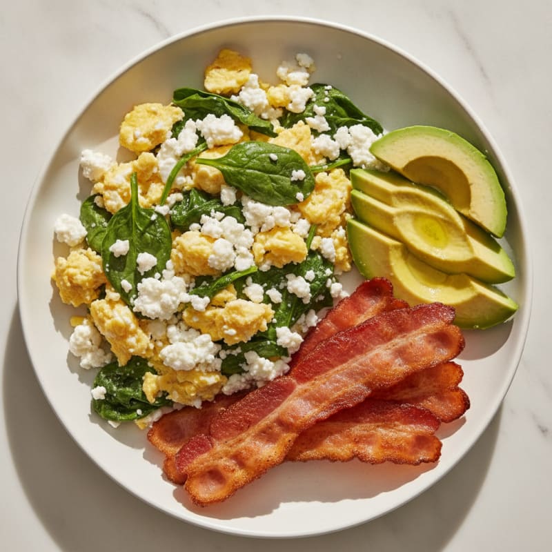 Cottage Cheese and Spinach Egg Scramble with Turkey Bacon