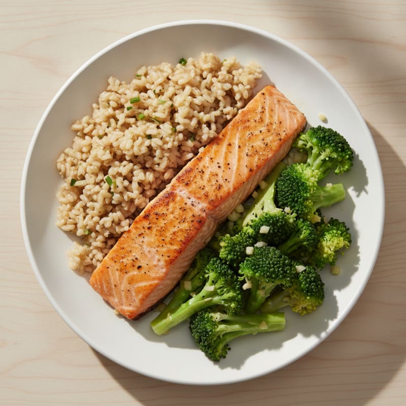Seared Salmon Fillet with Steamed Broccoli and Garlic Brown Rice