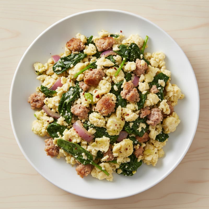 Egg White and Turkey Sausage Scramble with Sautéed Spinach