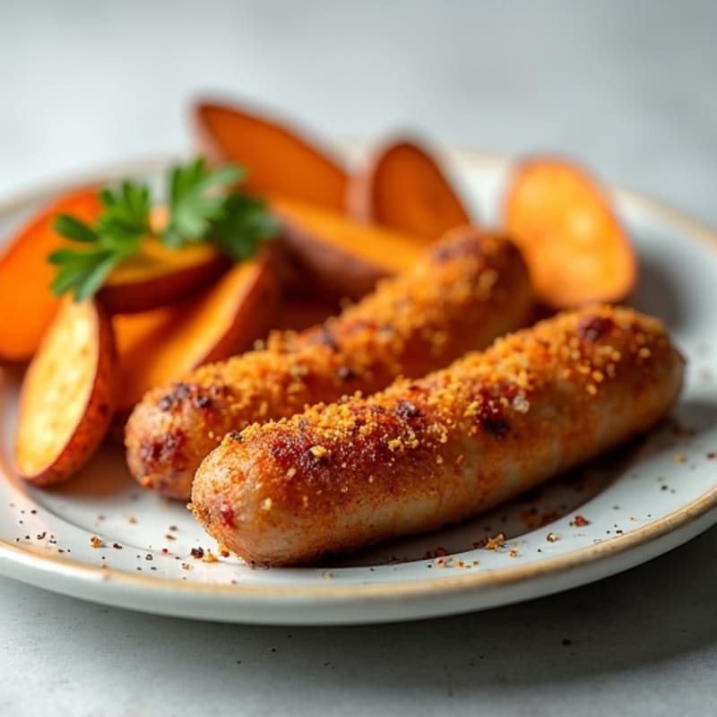 Crispy Baked Cornmeal Chicken Sausage with Sweet Potato Wedges