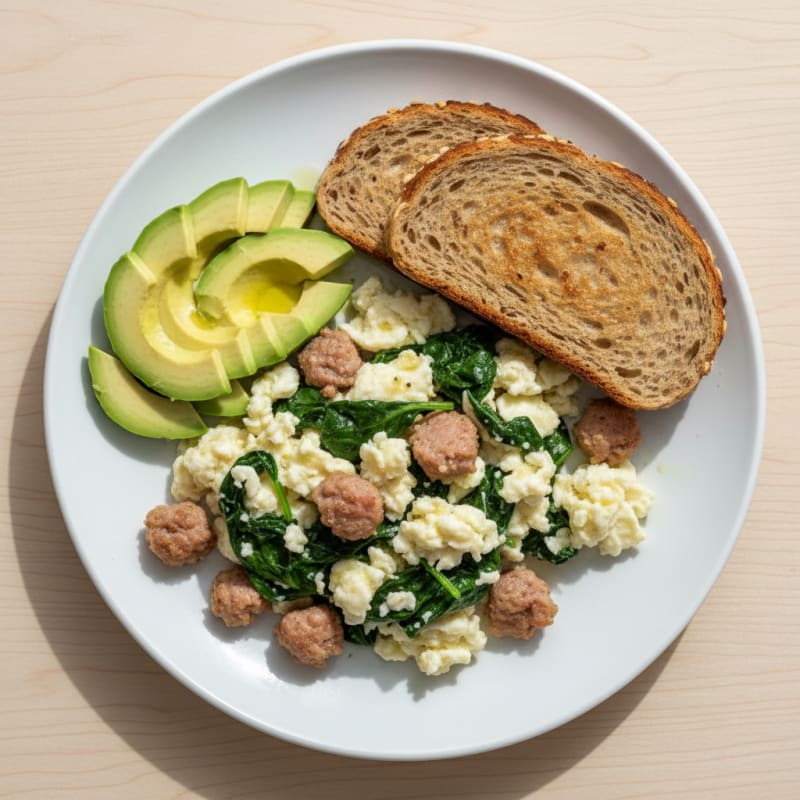 Egg White Scramble with Turkey Sausage and Fresh Spinach