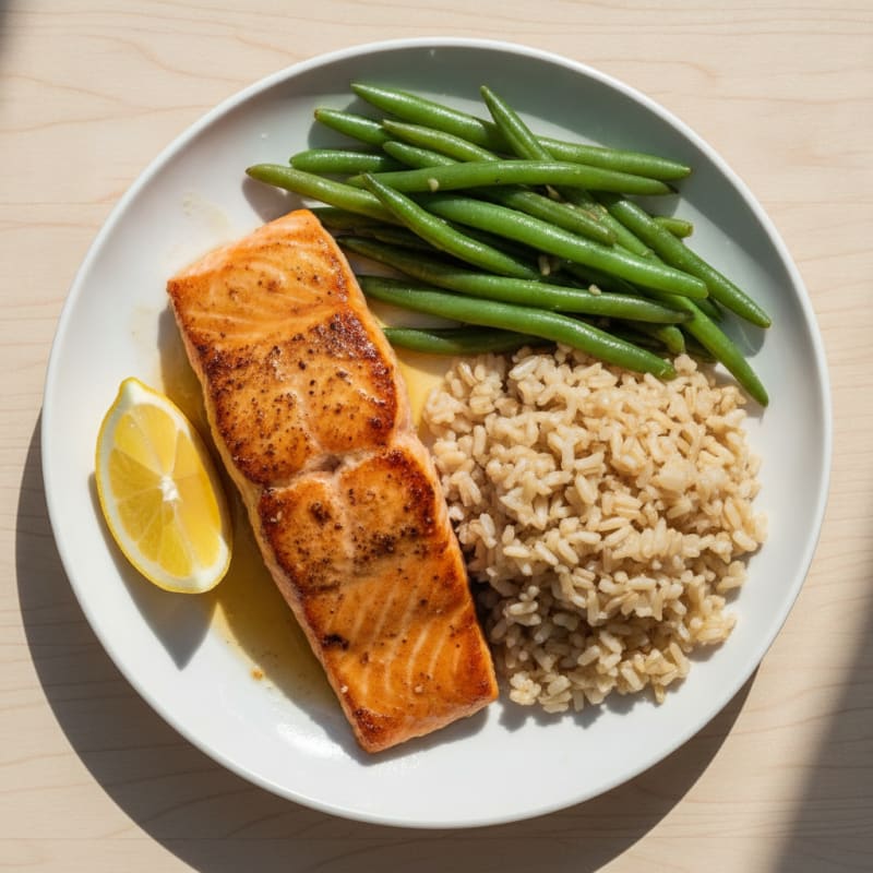 Seared Salmon with Steamed Green Beans and Brown Rice