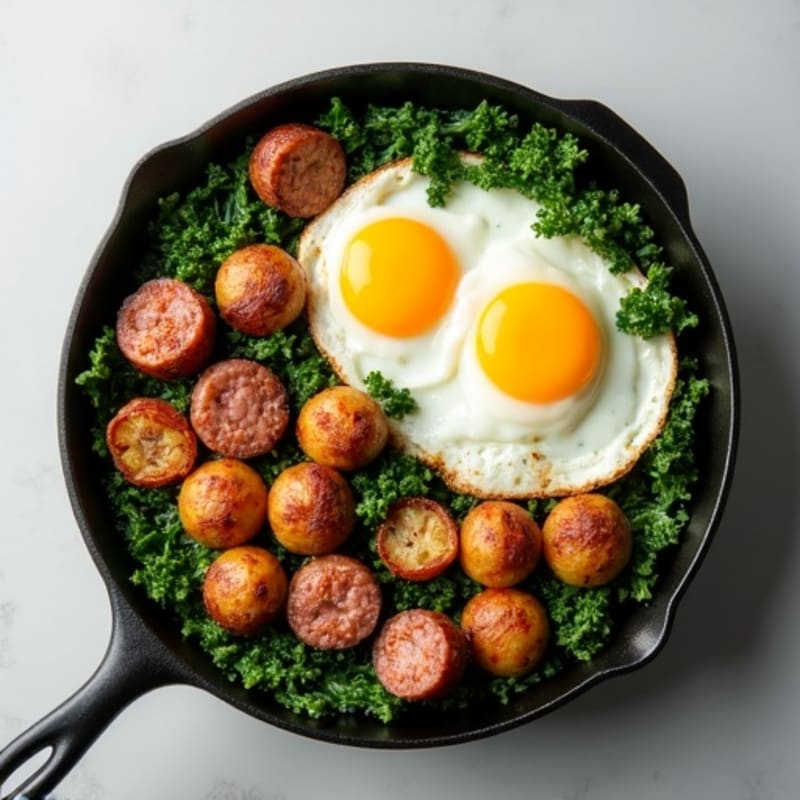Crispy Potato Egg Skillet with Lean Turkey Sausage and Sautéed Greens