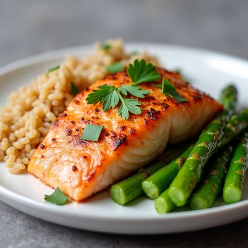 Seared Salmon with Steamed Asparagus and Brown Rice