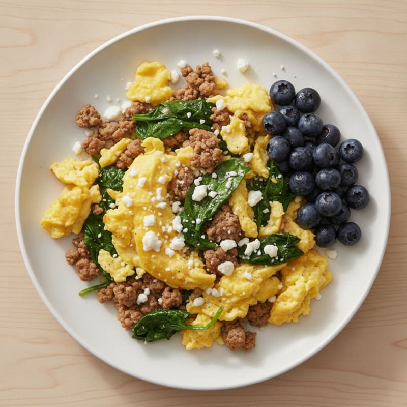 Scrambled Eggs with Lean Turkey and Sautéed Spinach