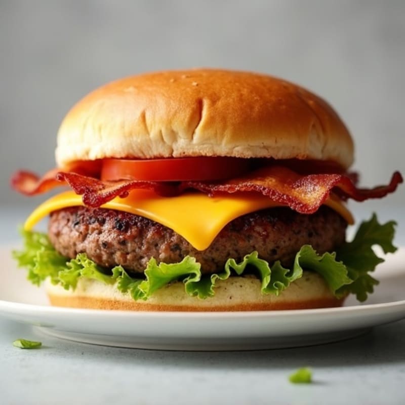Lean Beef Burger with Crispy Turkey Bacon and Melted Cheddar