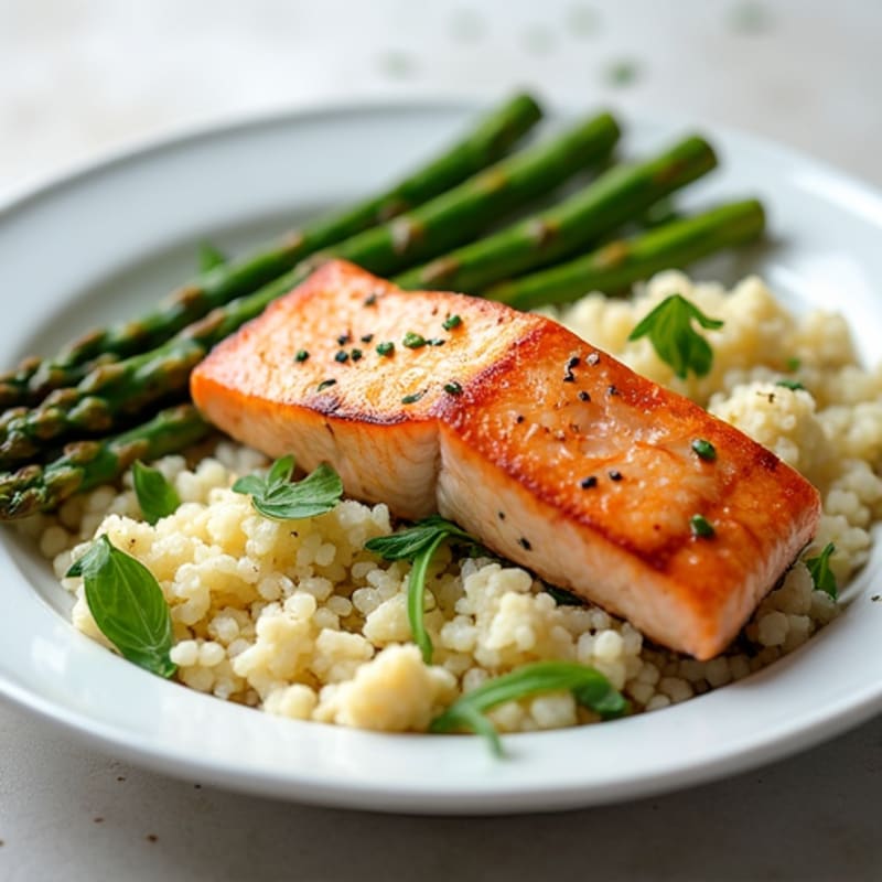 Seared Salmon with Roasted Asparagus and Cauliflower Rice