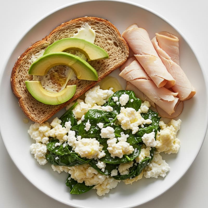 Egg White and Spinach Scramble with Cottage Cheese and Sliced Turkey
