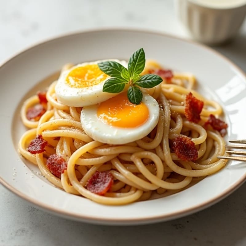 Creamy Egg Whole Wheat Spaghetti with Crispy Turkey Bacon
