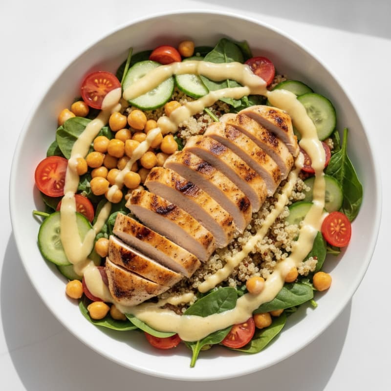 Grilled Chicken Salad Bowl with Chickpeas and Lemon Tahini Dressing
