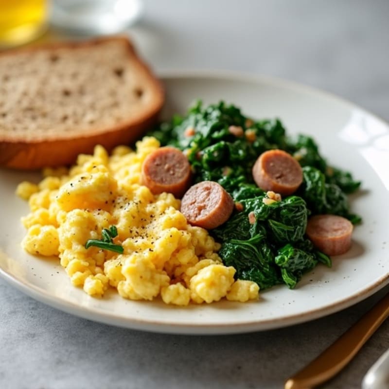 Egg White Scramble with Turkey Sausage and Sautéed Spinach