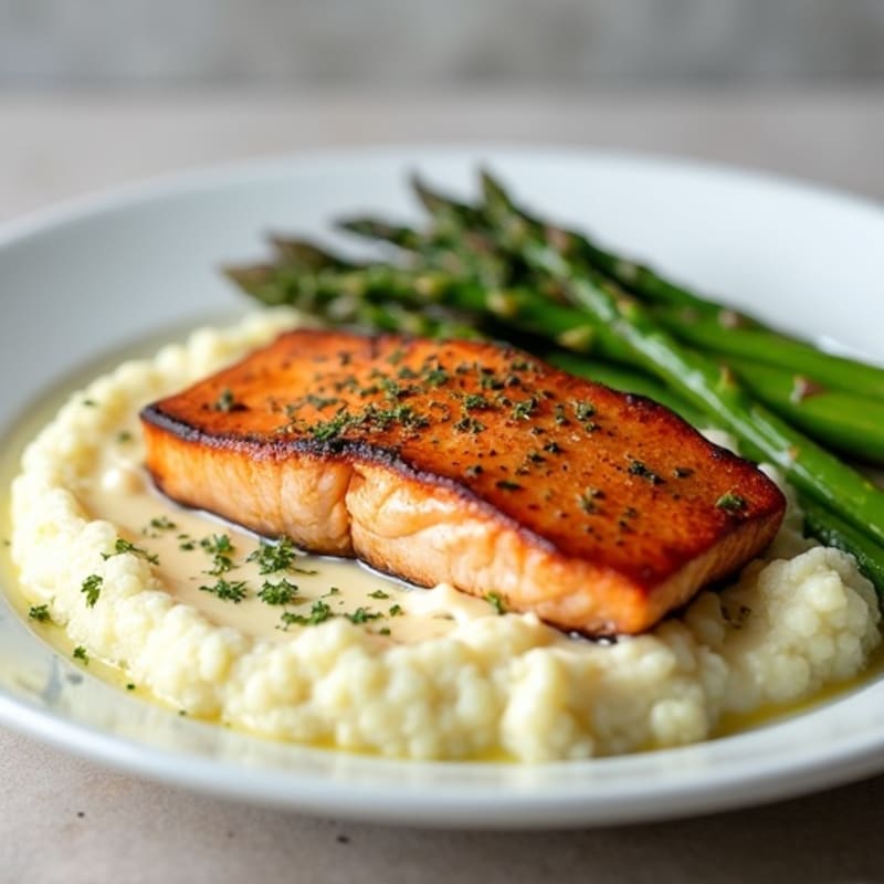 Seared Salmon Filet with Roasted Asparagus and Garlic Cauliflower Mash