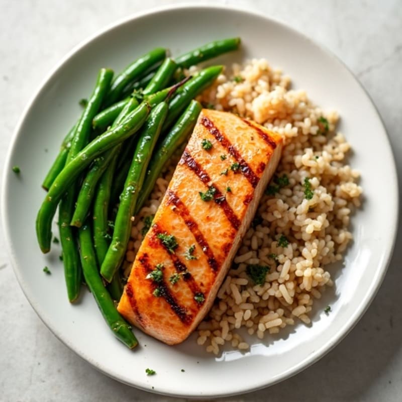 Grilled Salmon with Garlic Green Beans and Brown Rice