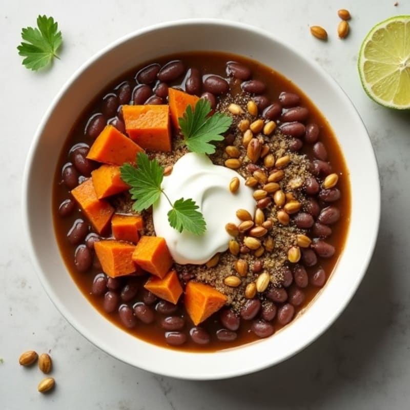 Creamy Black Bean Soup with Roasted Sweet Potato and Crispy Pepitas