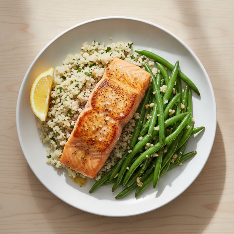 Seared Salmon Fillet with Garlic Green Beans and Quinoa