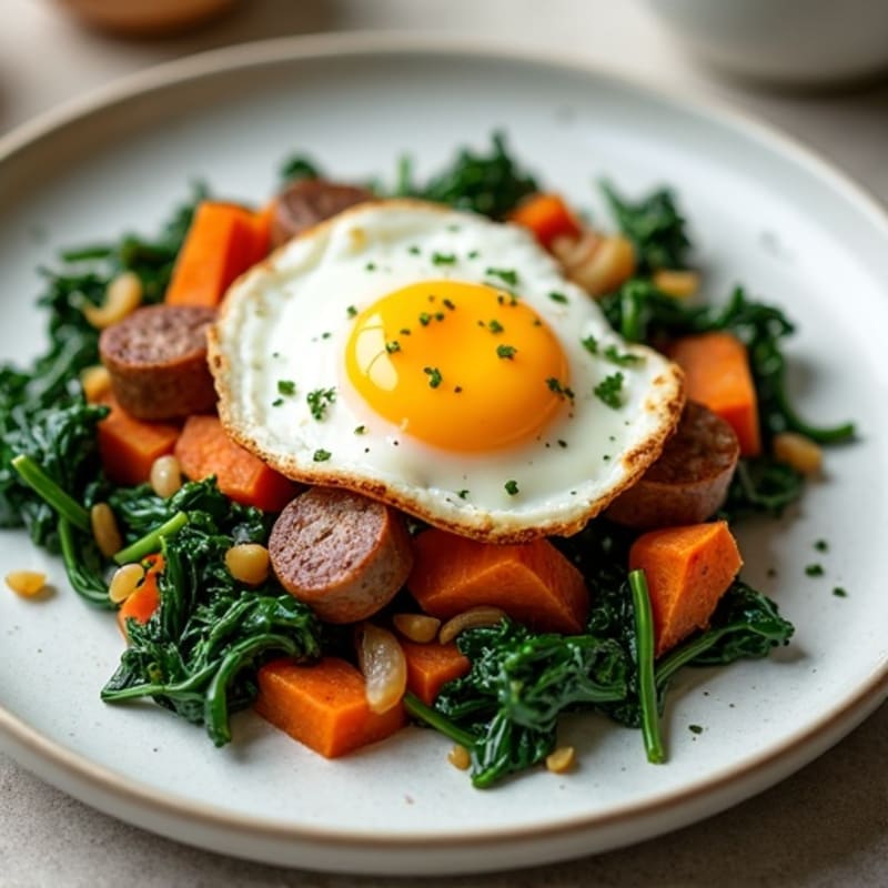 Sweet Potato and Turkey Sausage Hash with Sautéed Greens