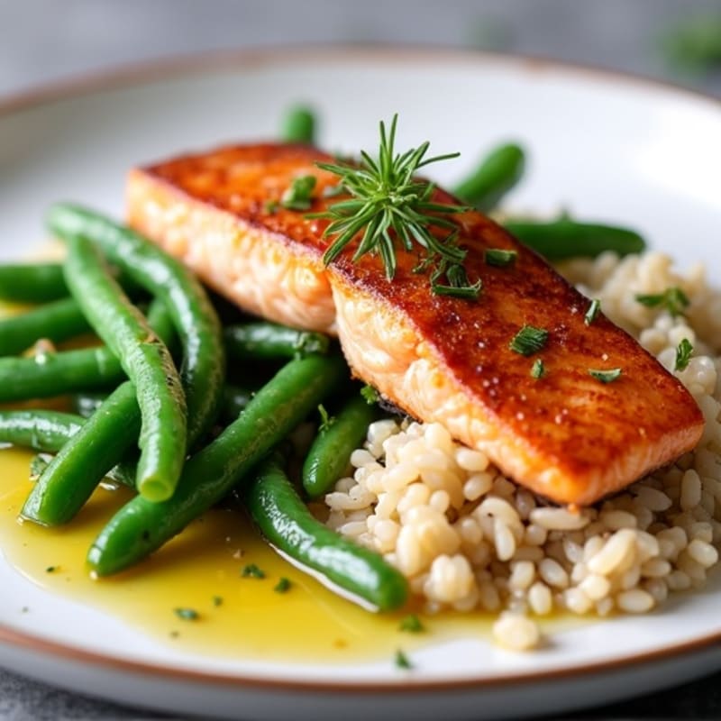 Seared Salmon with Garlic Green Beans and Herb Rice