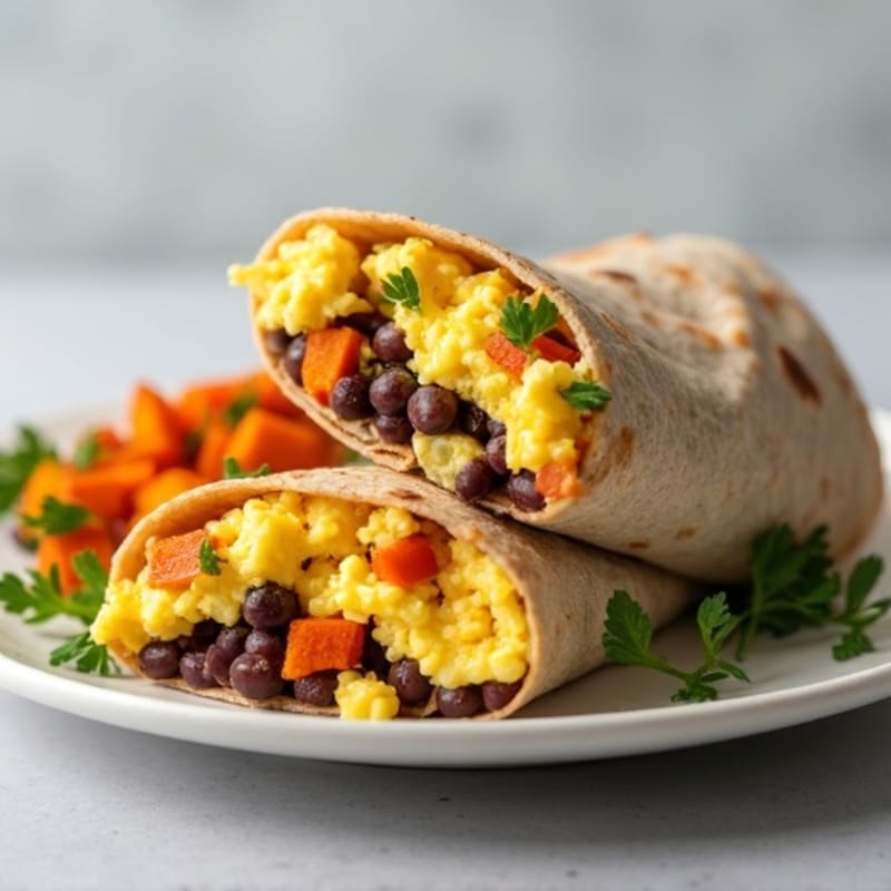 Hearty Egg and Black Bean Breakfast Burrito with Roasted Sweet Potatoes