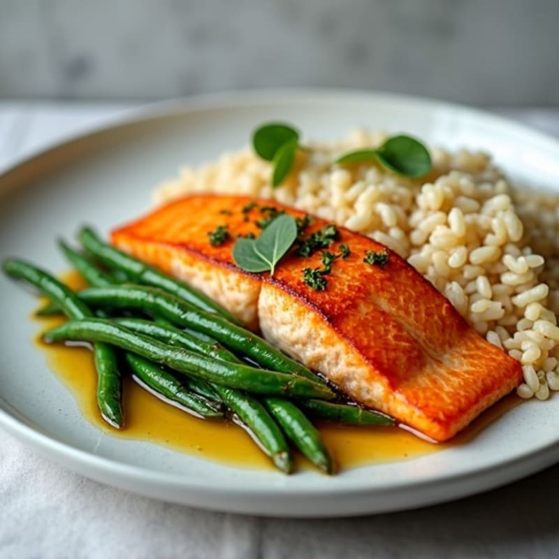 Seared Salmon with Garlic Green Beans and Brown Rice