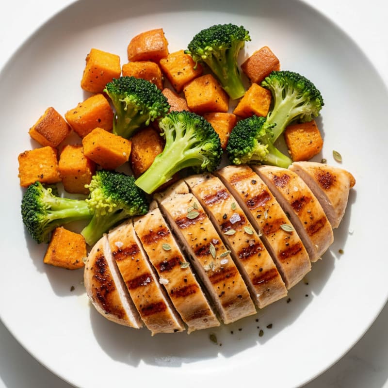 Grilled Chicken Breast with Roasted Sweet Potato and Steamed Broccoli