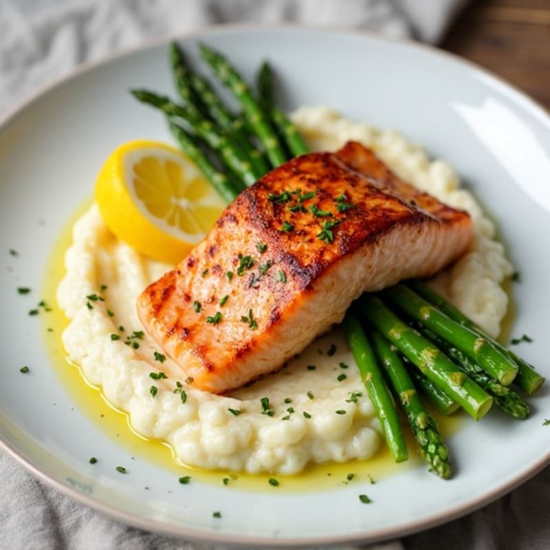 Seared Salmon with Steamed Asparagus and Cauliflower Mash