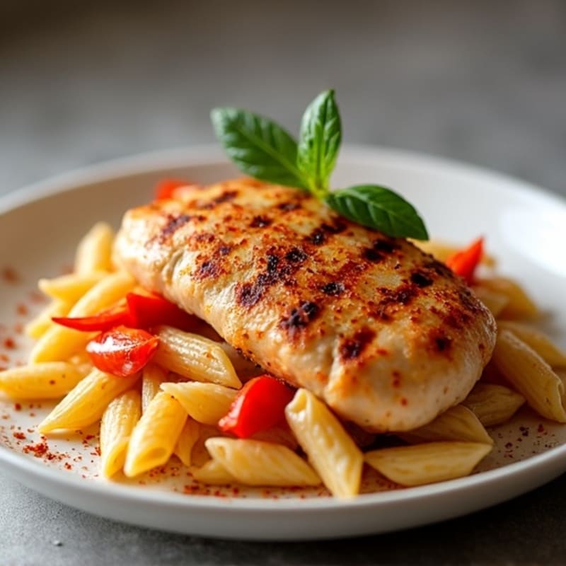Spicy Chicken Whole Wheat Pasta with Roasted Bell Peppers
