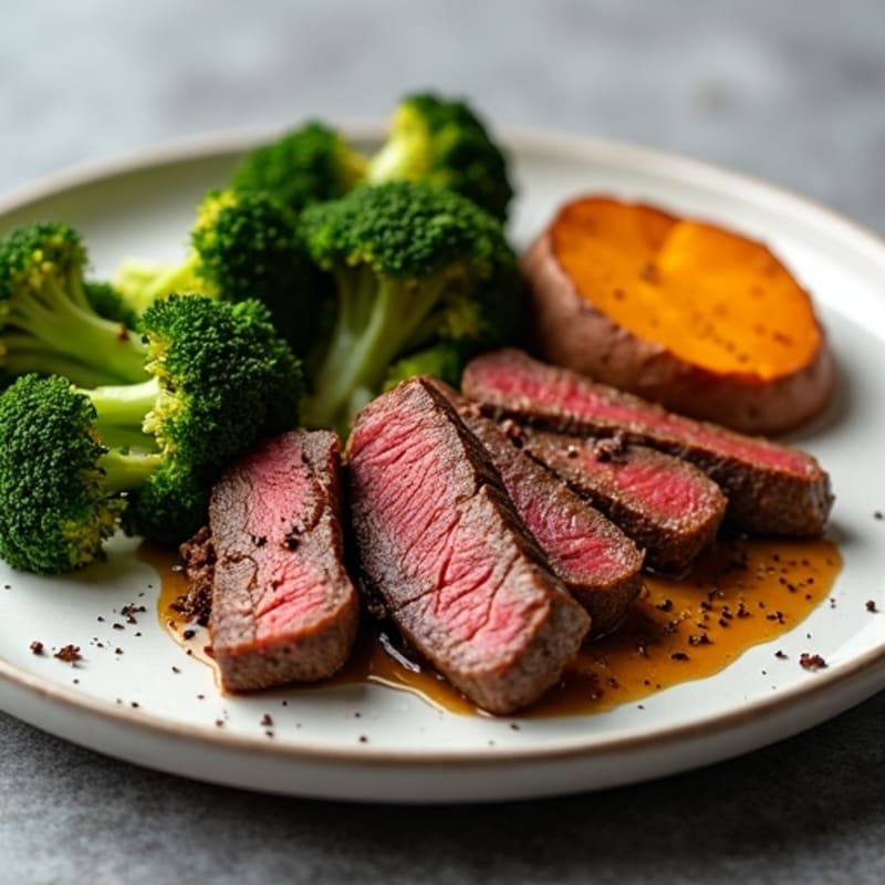 Seared Lean Beef Strips with Roasted Broccoli and Sweet Potato