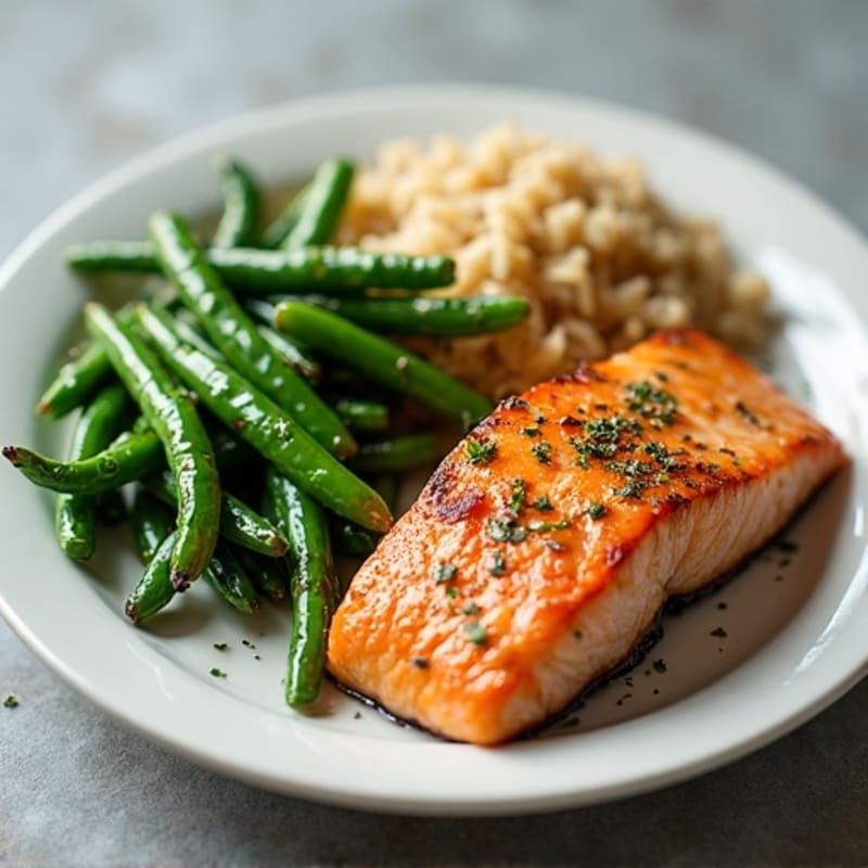 Seared Salmon with Garlic Green Beans and Brown Rice