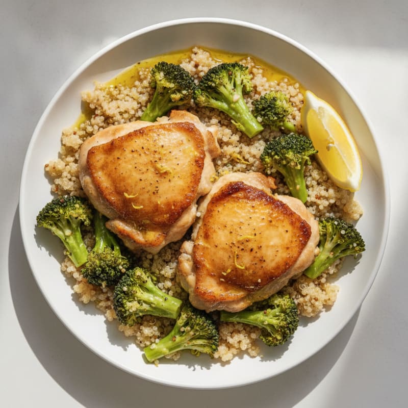 Seared Chicken Thighs with Garlic Broccoli and Quinoa