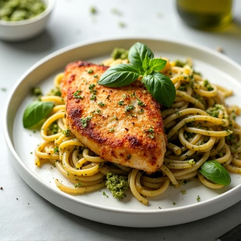Crispy Pan-Seared Chicken with Fresh Pesto Whole Wheat Pasta