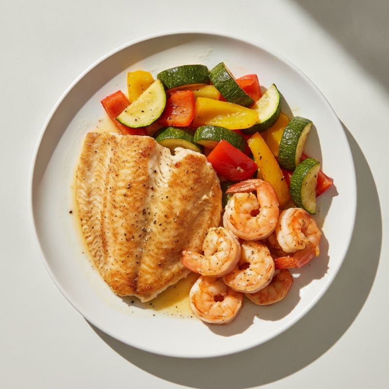 Pan-Seared Tilapia and Shrimp with Roasted Vegetables