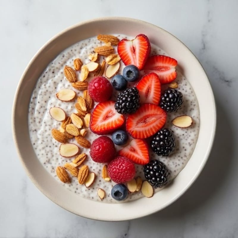 Creamy Vanilla Bean Protein Chia Pudding with Fresh Berries and Toasted Almonds