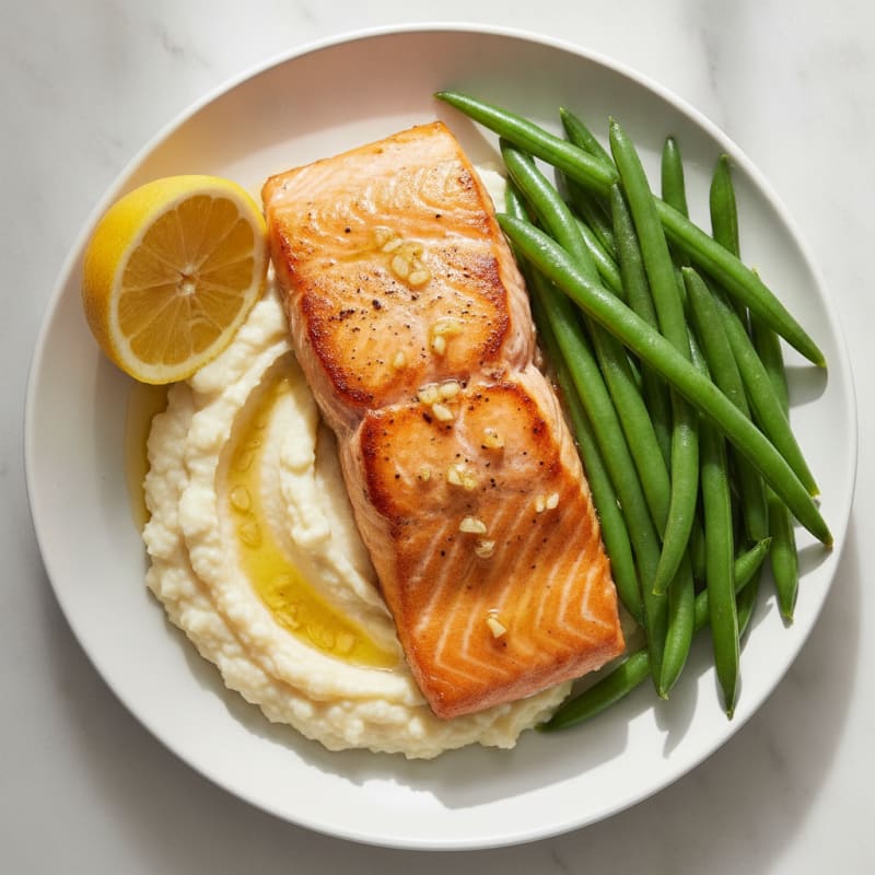 Seared Salmon Fillet with Steamed Green Beans and Cauliflower Mash